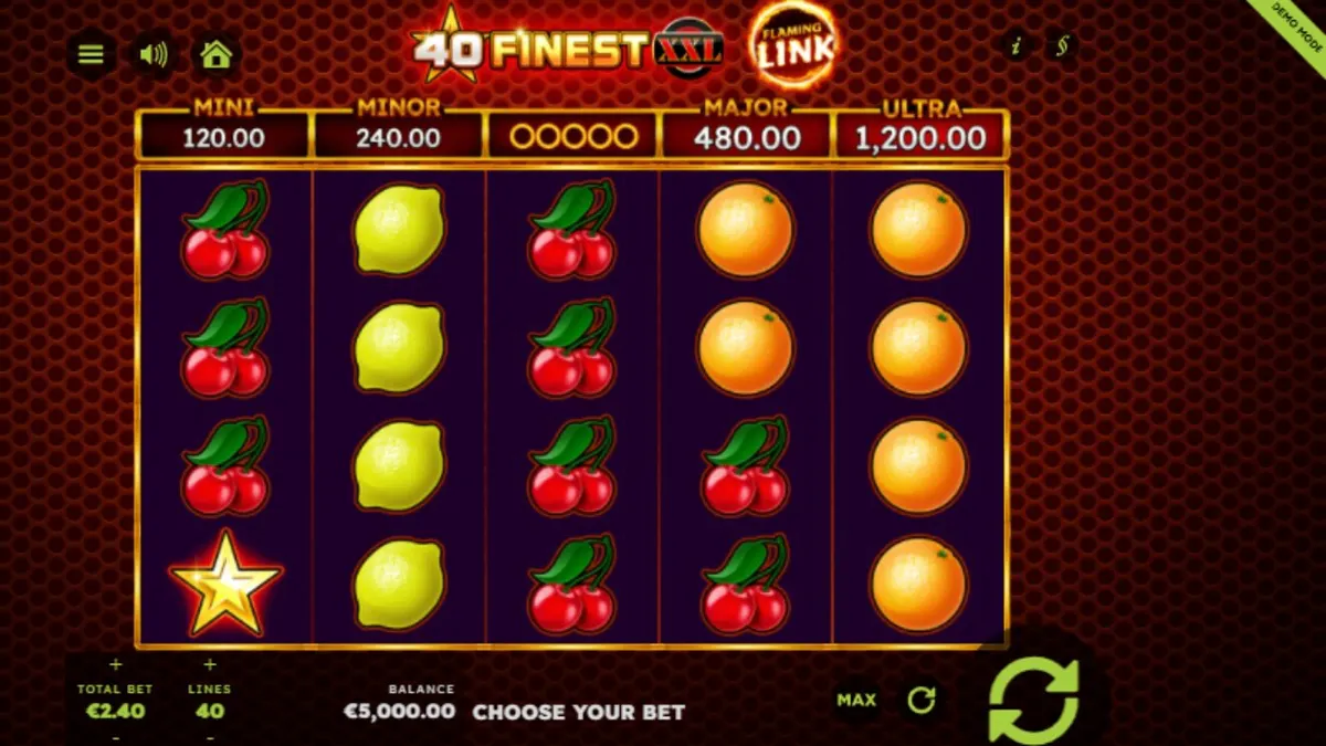Tampilan antarmuka mobile slot 40 Finest XXL Flaming Link dengan simbol buah neon