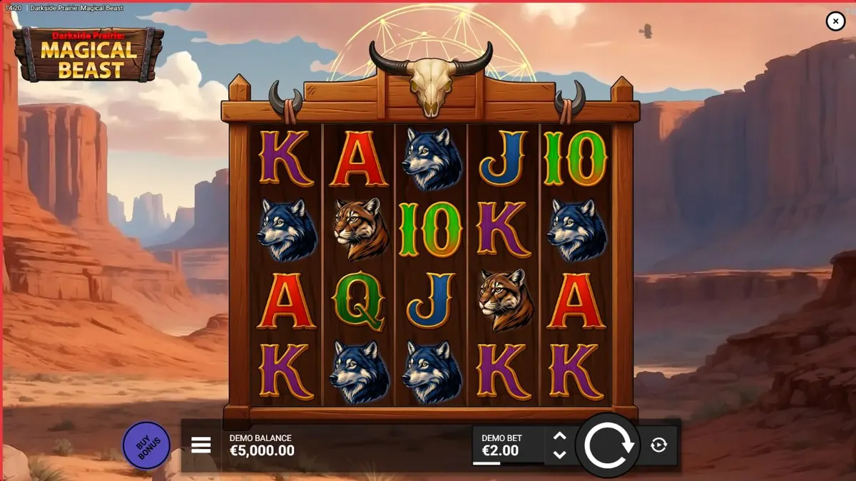 Pemandangan atmosferik dari slot Darkside Prairie: Magical Beasts dengan simbol bison yang megah
