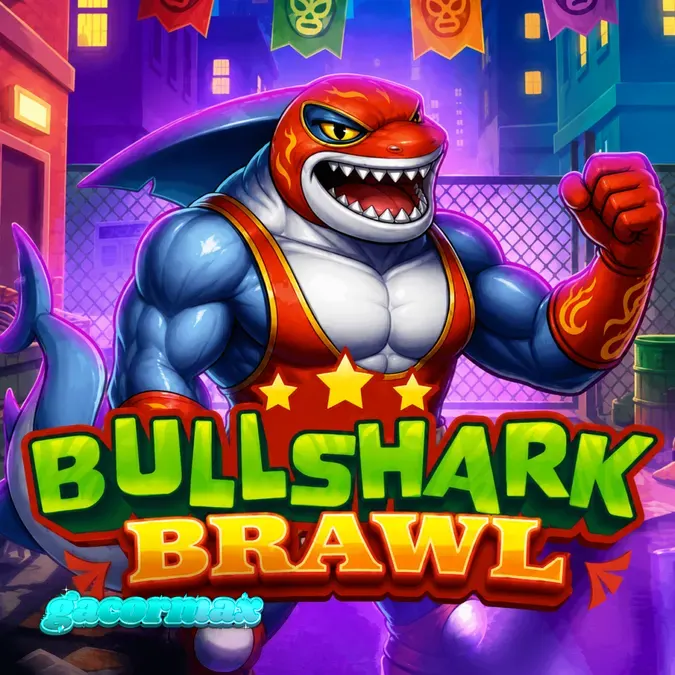Tampilan visual slot Bullshark Brawl dengan tema hiu pegulat dan arena gulat jalanan.